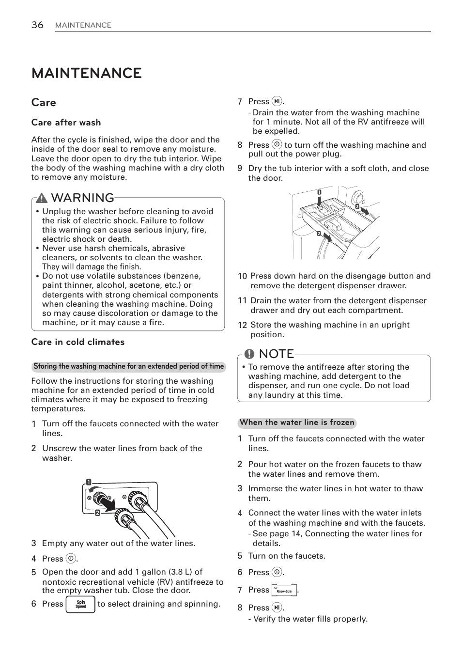 Maintenance, Warning, Care | LG WM3570HWA User Manual | Page 36 / 96