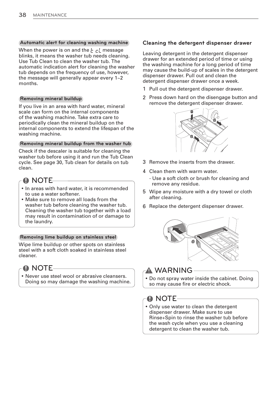 Warning | LG WM3570HWA User Manual | Page 38 / 96