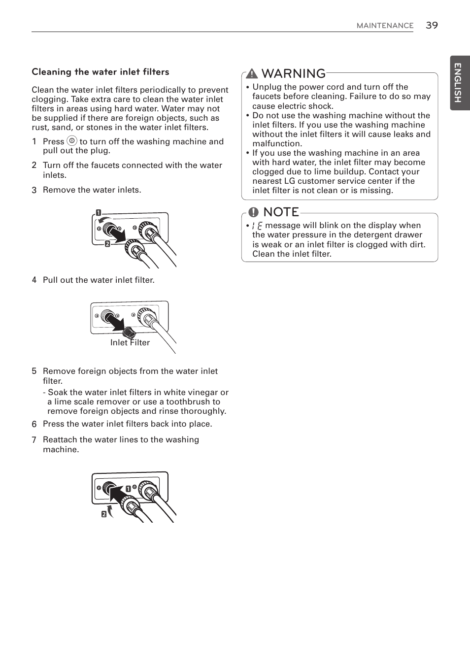 Warning | LG WM3570HWA User Manual | Page 39 / 96