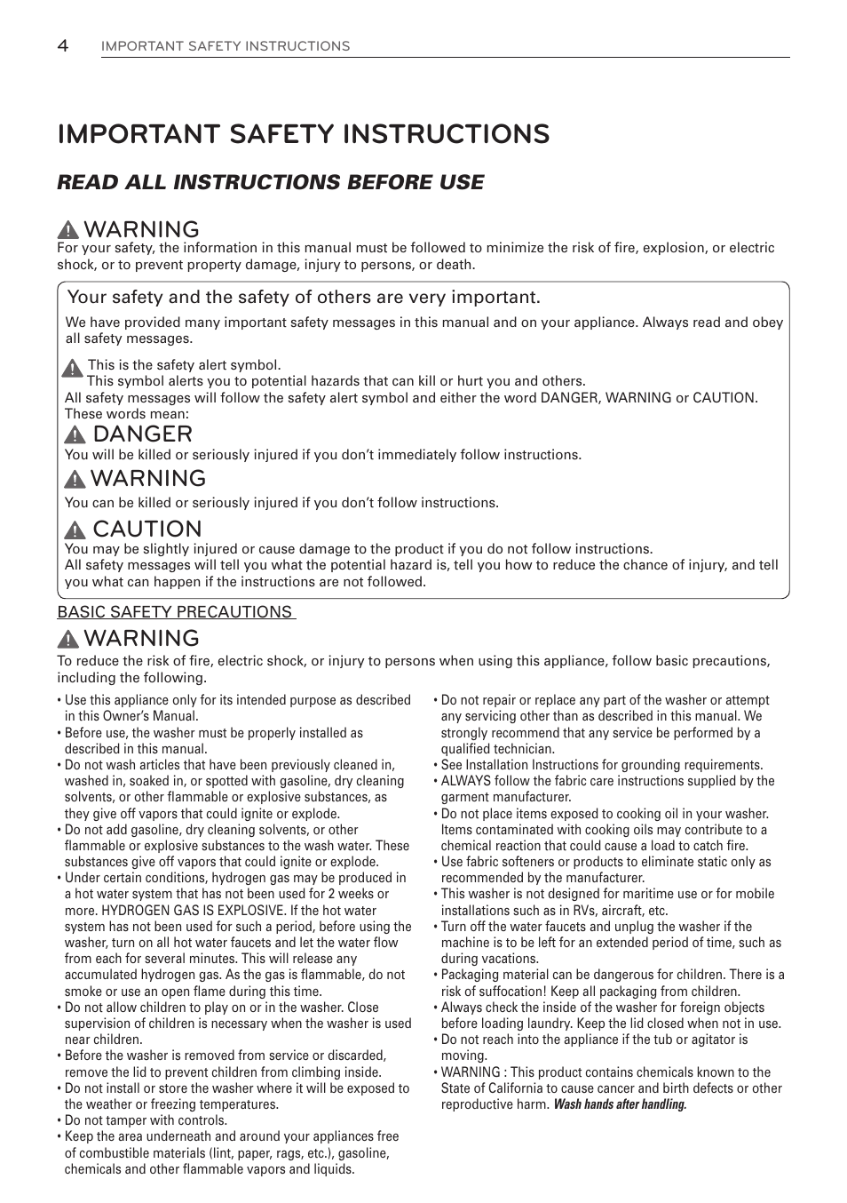 Important safety instructions, Warning, Danger | Caution, Read all instructions before use | LG WM3570HWA User Manual | Page 4 / 96