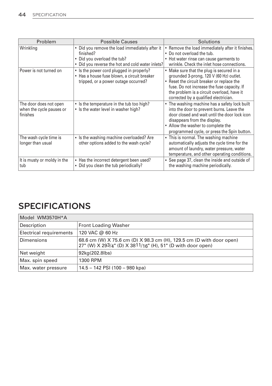 Specifications | LG WM3570HWA User Manual | Page 44 / 96