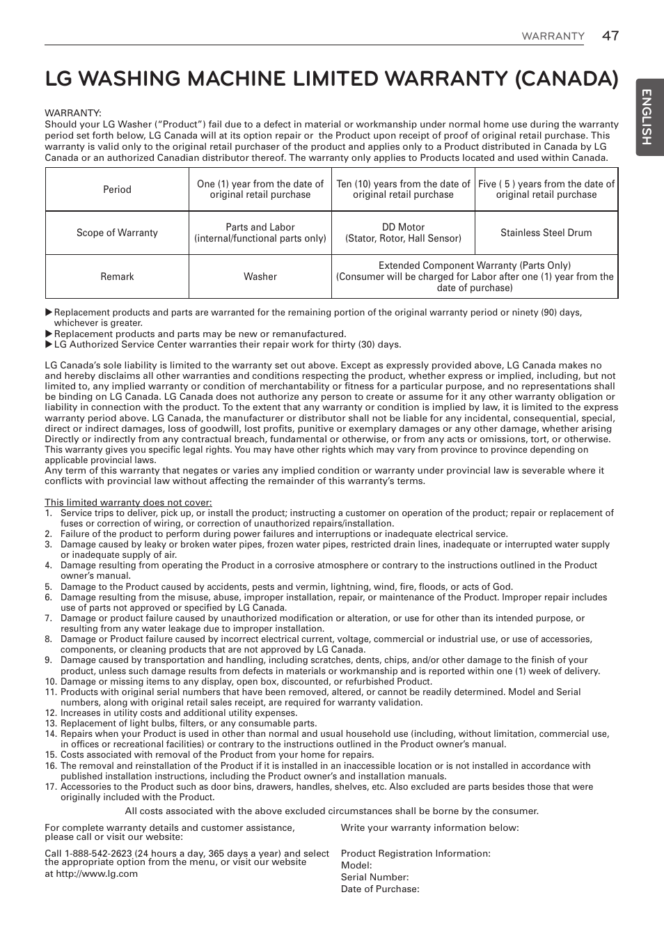 Lg washing machine limited warranty (canada), English | LG WM3570HWA User Manual | Page 47 / 96