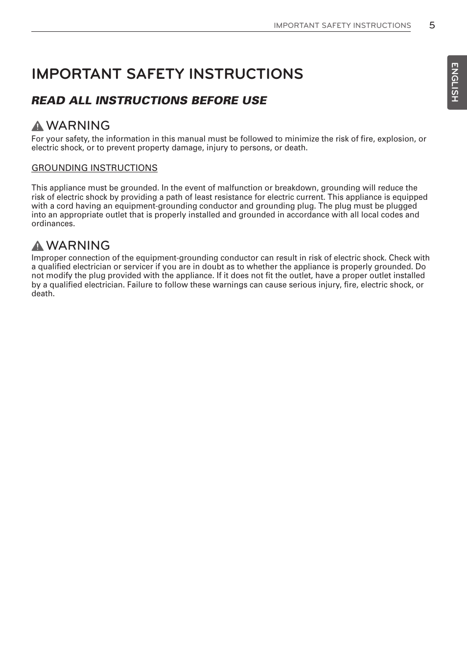 Important safety instructions, Warning, Read all instructions before use | LG WM3570HWA User Manual | Page 5 / 96