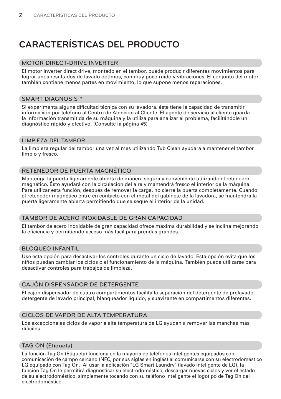 Características del producto | LG WM3570HWA User Manual | Page 50 / 96