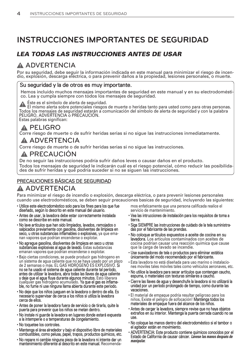 Instrucciones importantes de seguridad, Advertencia, Peligro | Precaución, Lea todas las instrucciones antes de usar | LG WM3570HWA User Manual | Page 52 / 96