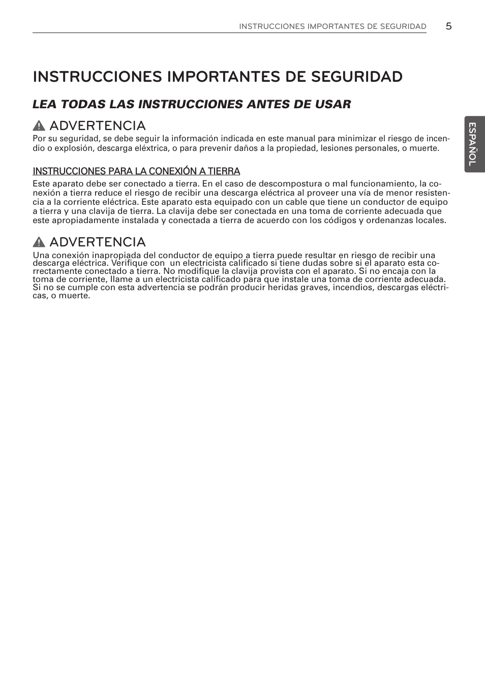 Instrucciones importantes de seguridad, Advertencia, Lea todas las instrucciones antes de usar | LG WM3570HWA User Manual | Page 53 / 96
