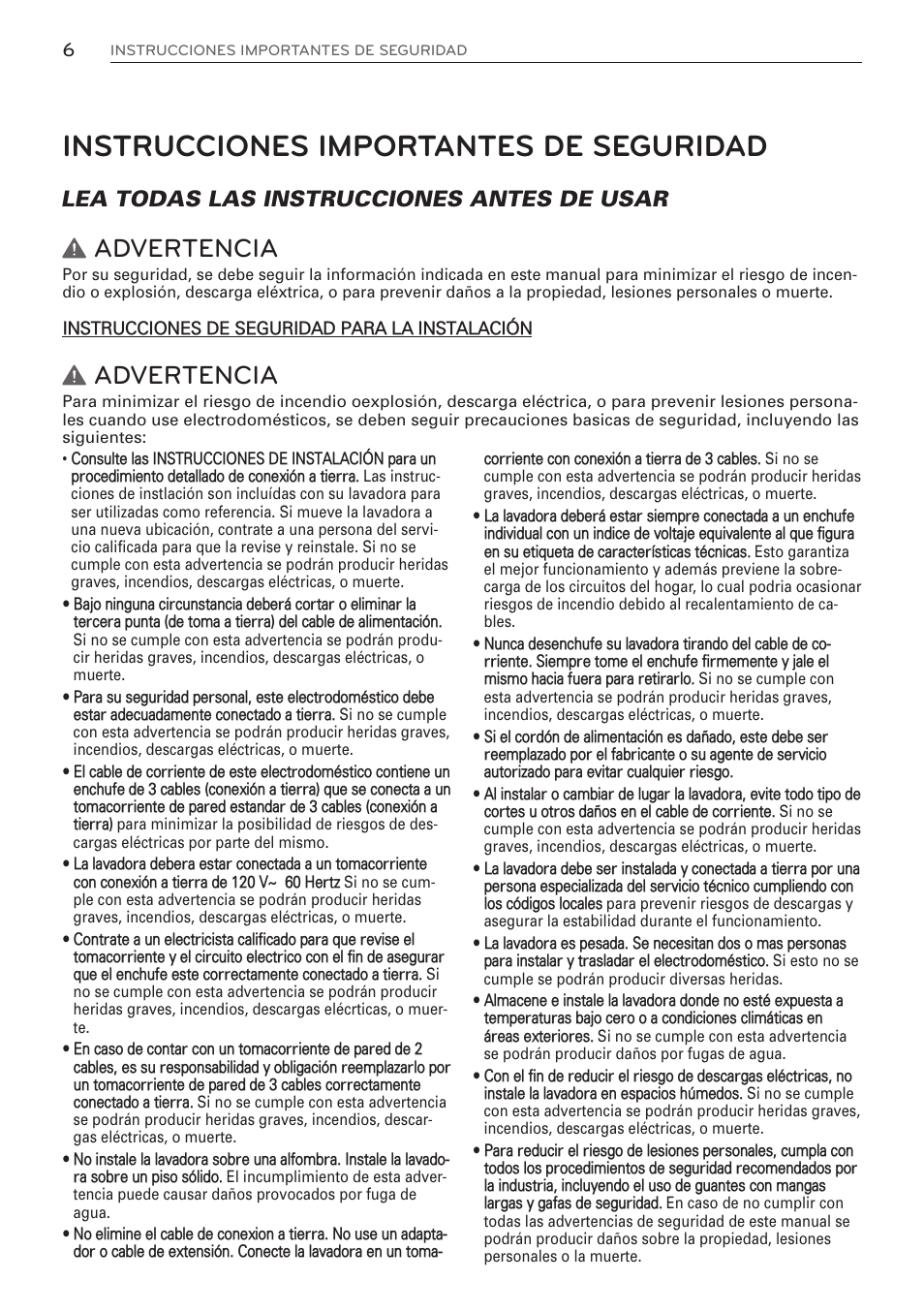 Instrucciones importantes de seguridad, Advertencia, Lea todas las instrucciones antes de usar | LG WM3570HWA User Manual | Page 54 / 96