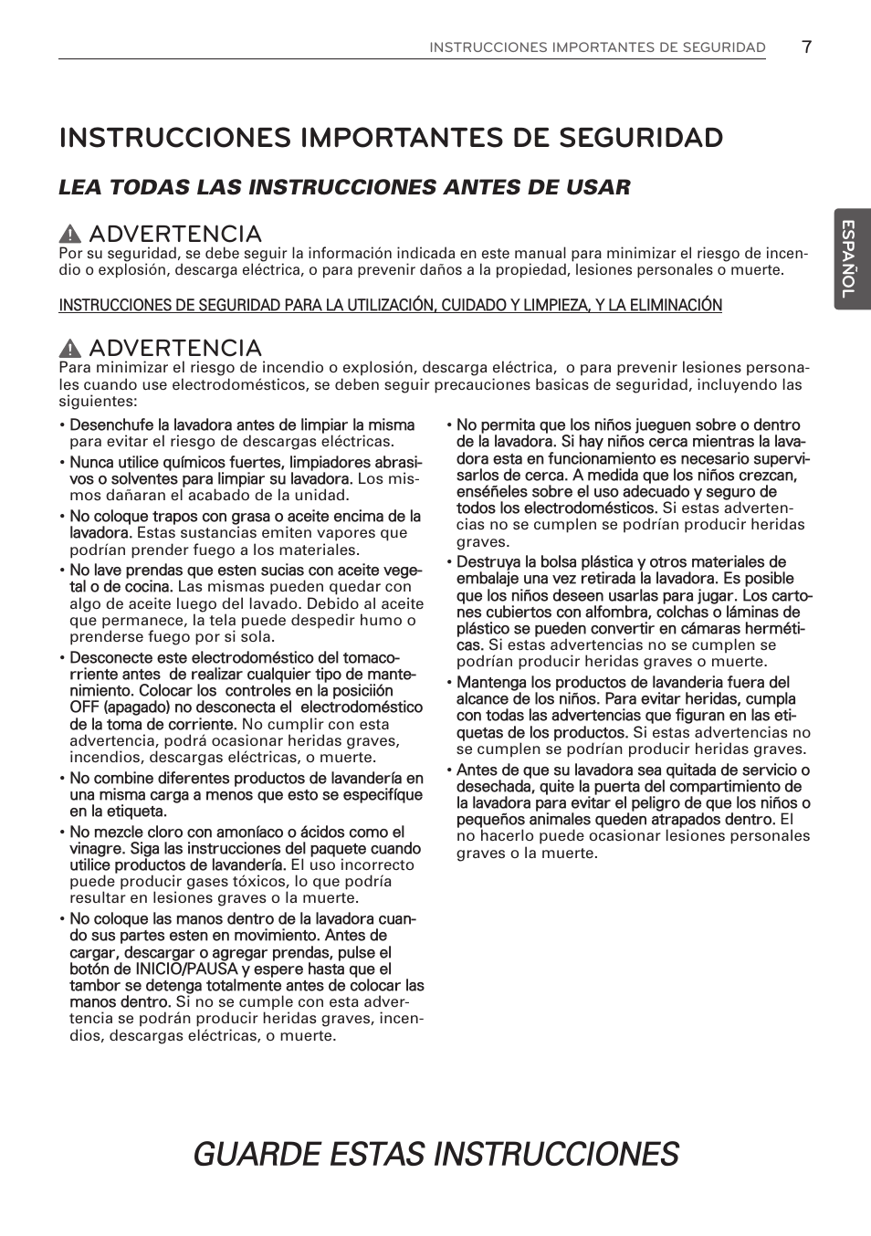 Guarde estas instrucciones, Instrucciones importantes de seguridad, Advertencia | Lea todas las instrucciones antes de usar | LG WM3570HWA User Manual | Page 55 / 96