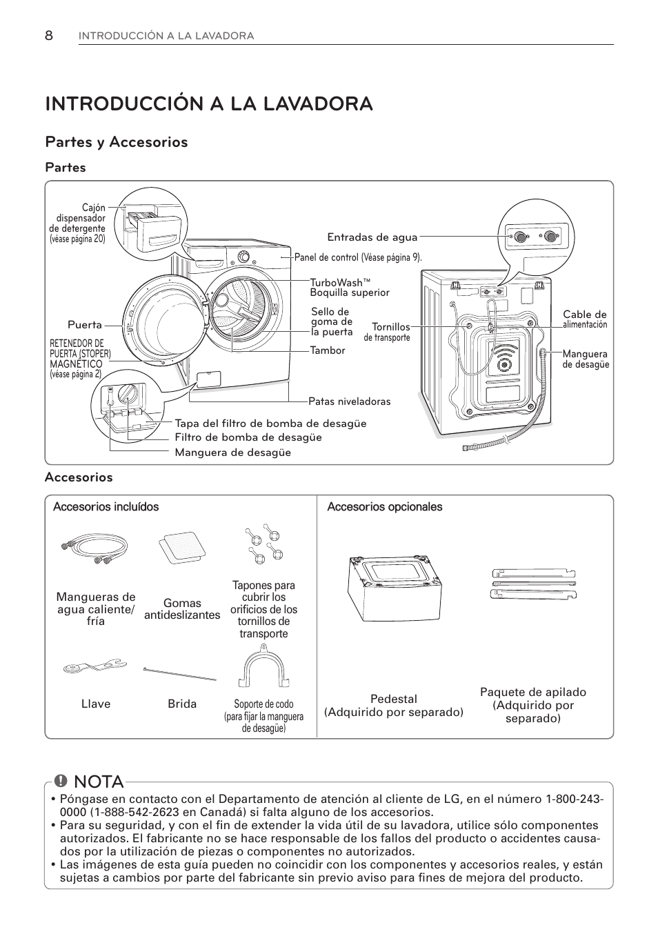 Introducción a la lavadora, Nota, Partes y accesorios | LG WM3570HWA User Manual | Page 56 / 96