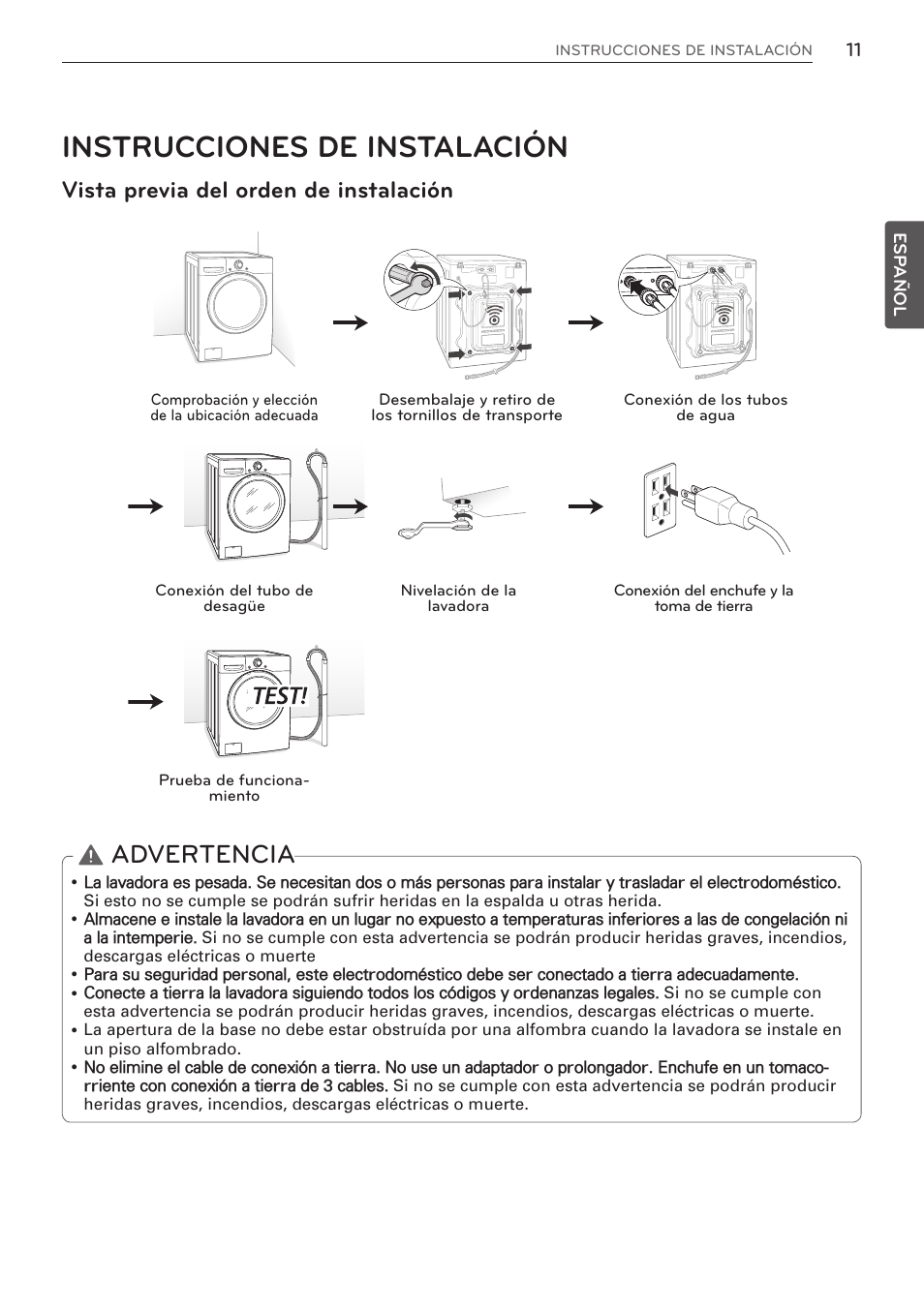 Instrucciones de instalación, Advertencia, Vista previa del orden de instalación | LG WM3570HWA User Manual | Page 59 / 96