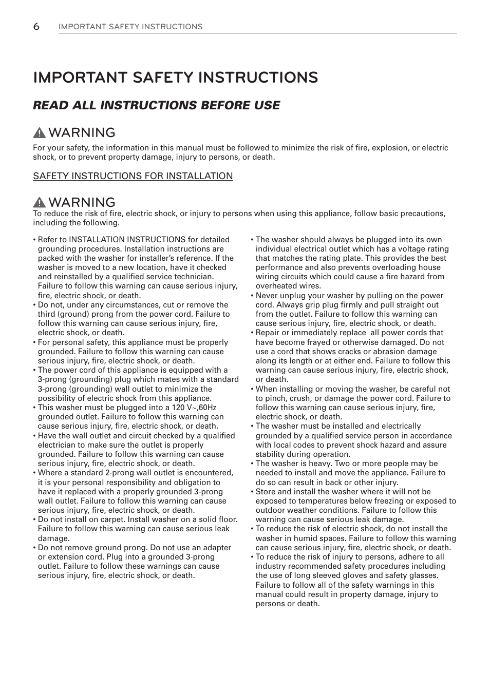 Important safety instructions, Warning, Read all instructions before use | LG WM3570HWA User Manual | Page 6 / 96