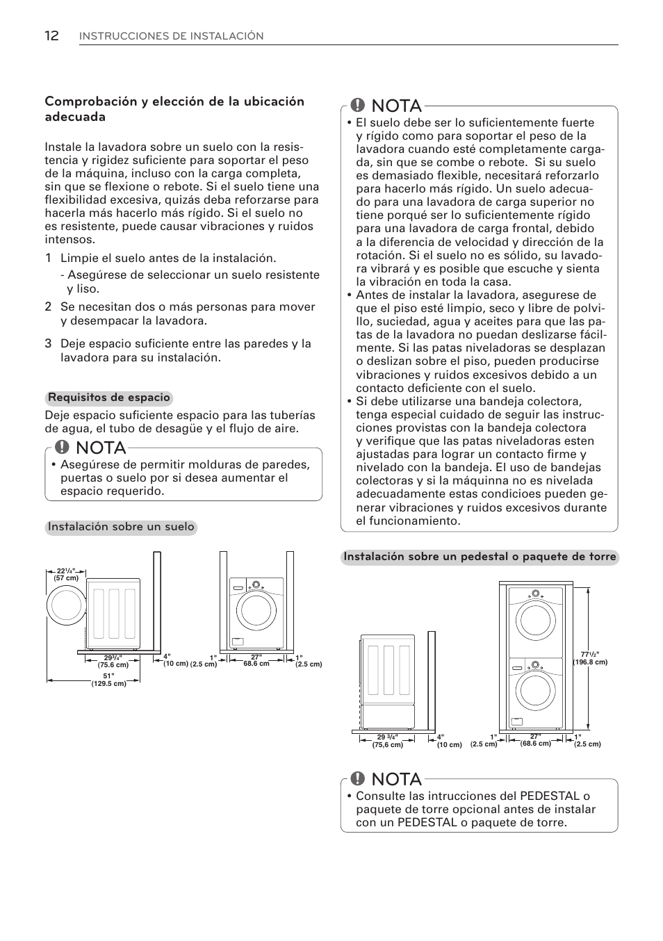 Nota, Comprobación y elección de la ubicación adecuada | LG WM3570HWA User Manual | Page 60 / 96