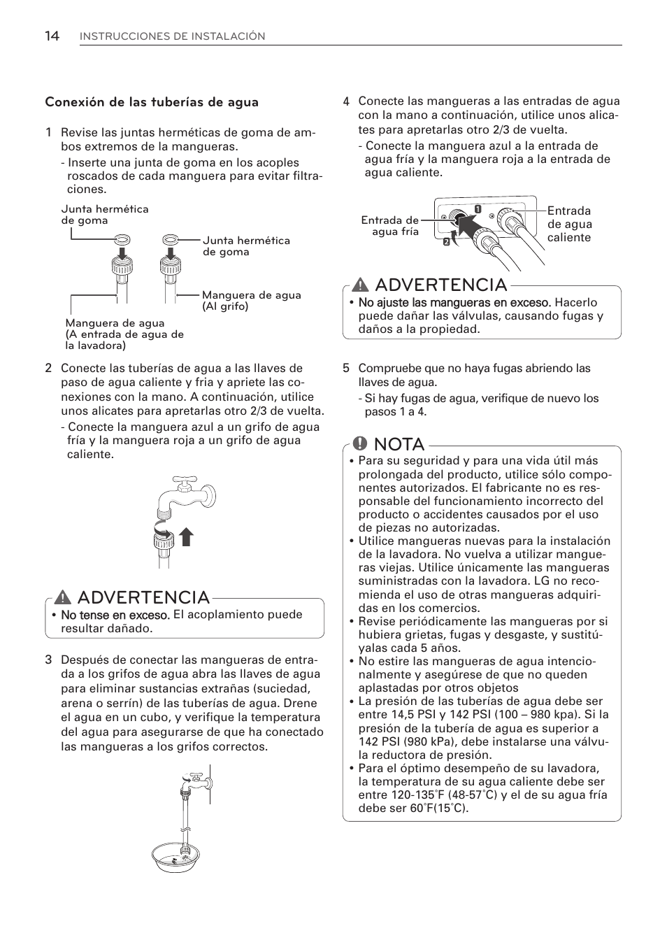 Advertencia, Nota | LG WM3570HWA User Manual | Page 62 / 96