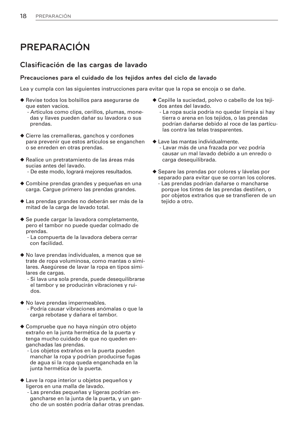 Preparación, Clasificación de las cargas de lavado | LG WM3570HWA User Manual | Page 66 / 96