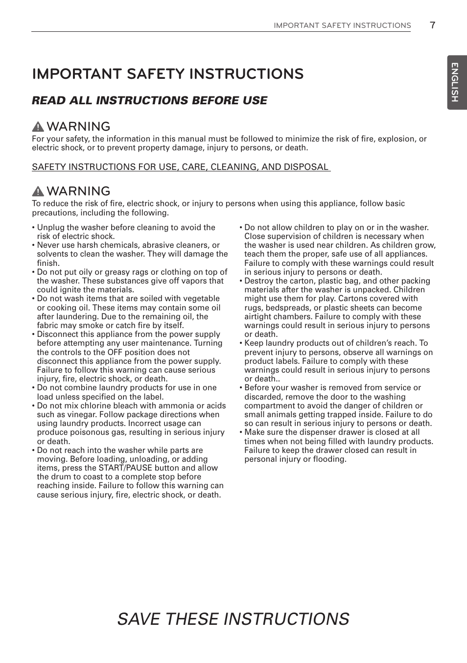 Save these instructions, Important safety instructions, Warning | Read all instructions before use | LG WM3570HWA User Manual | Page 7 / 96