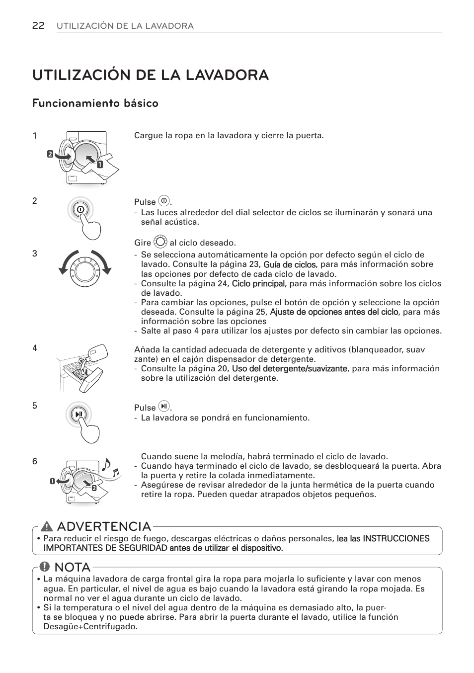 Utilización de la lavadora, Nota, Advertencia | Funcionamiento básico | LG WM3570HWA User Manual | Page 70 / 96
