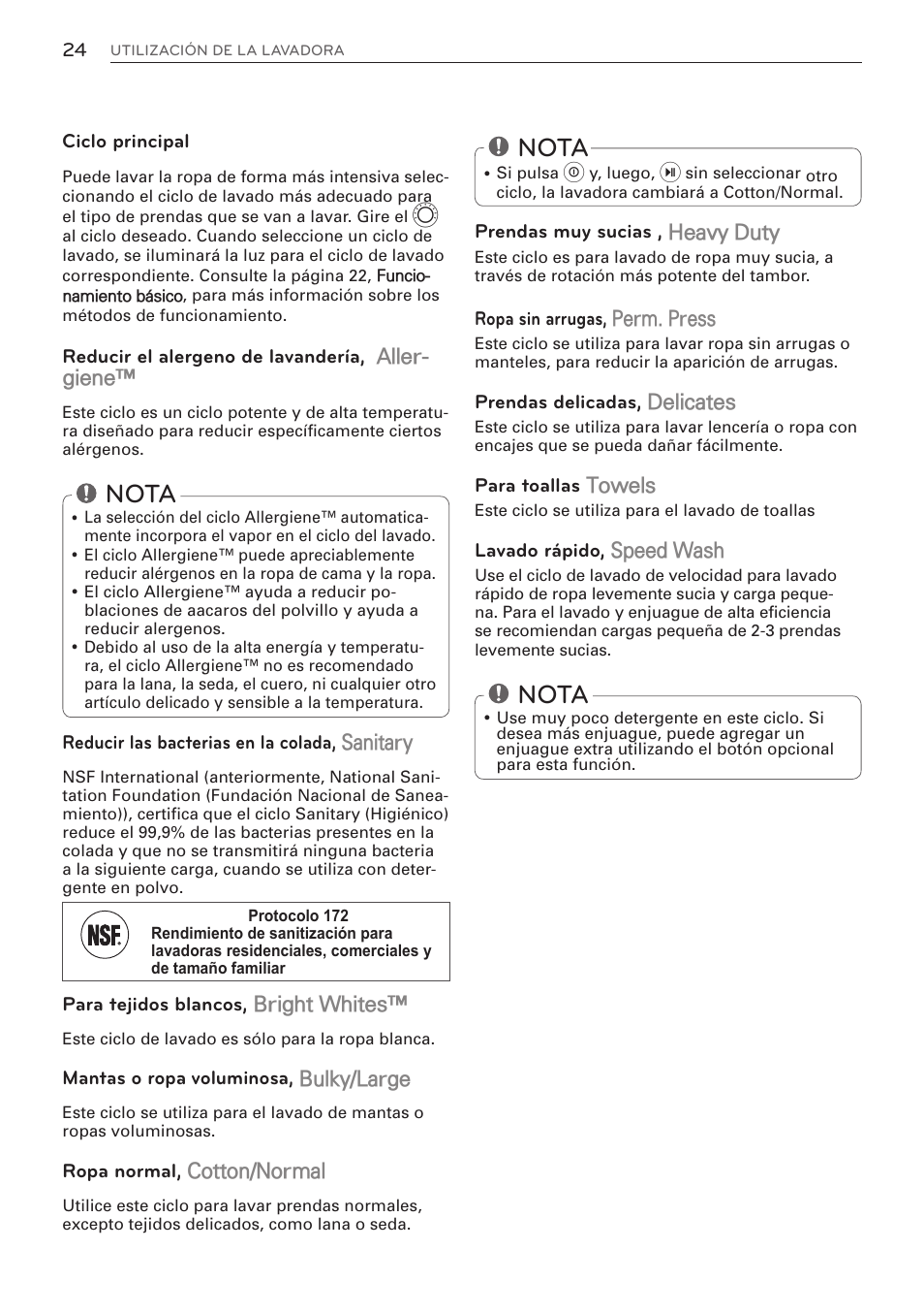 Nota, Heavy duty, Perm. press | Delicates, Towels, Speed wash, Aller- giene, Sanitary, Bright whites, Bulky/large | LG WM3570HWA User Manual | Page 72 / 96