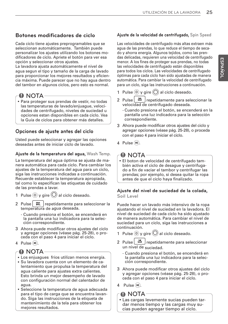 Nota, Botones modificadores de ciclo, Opciones de ajuste antes del ciclo | LG WM3570HWA User Manual | Page 73 / 96