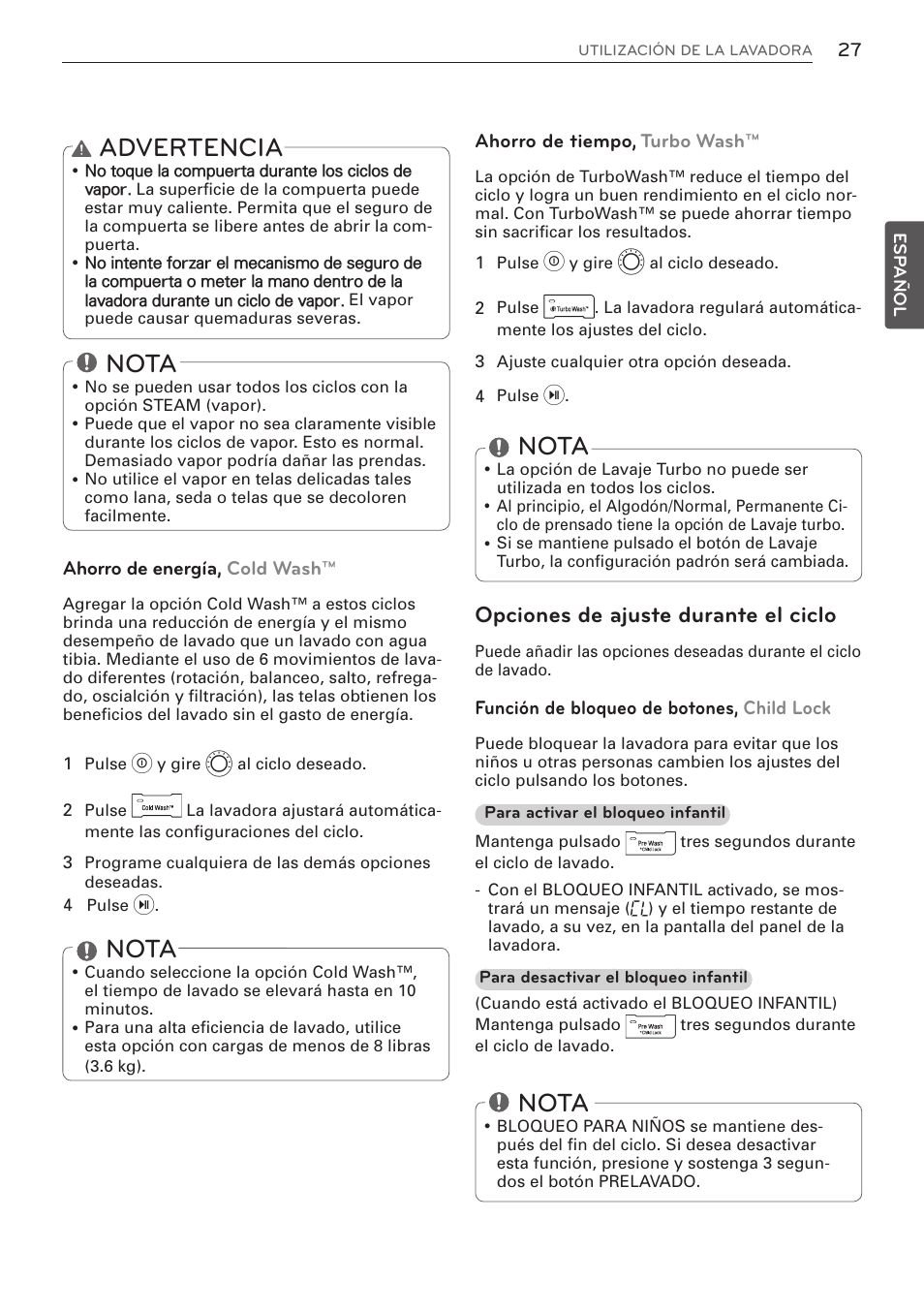 Advertencia, Nota, Opciones de ajuste durante el ciclo | LG WM3570HWA User Manual | Page 75 / 96