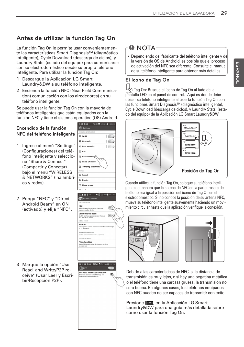 Nota, Antes de utilizar la función tag on | LG WM3570HWA User Manual | Page 77 / 96