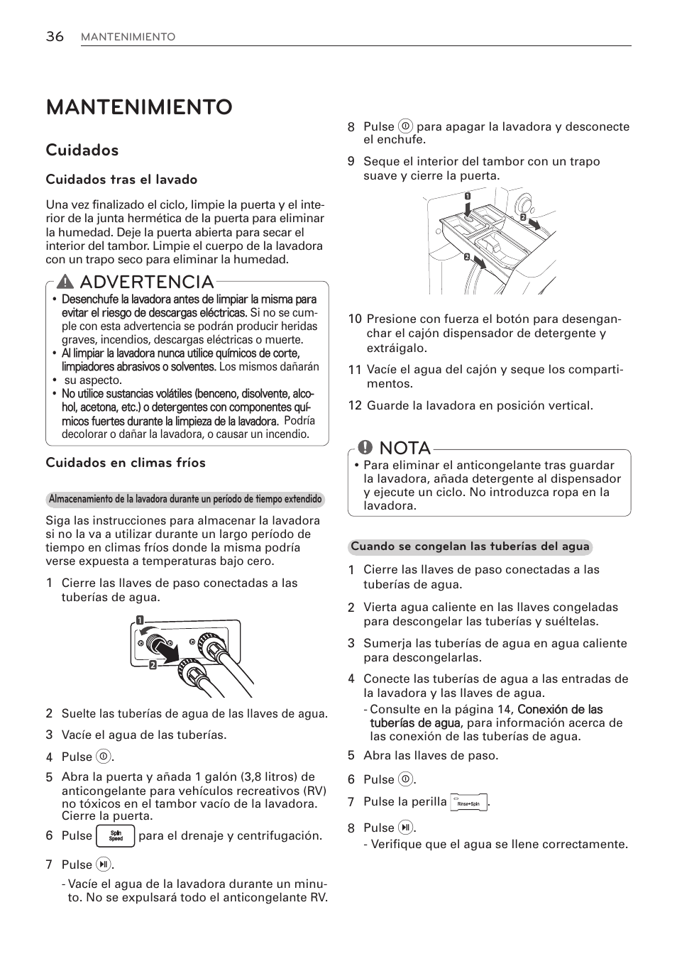 Mantenimiento, Advertencia, Nota | Cuidados | LG WM3570HWA User Manual | Page 84 / 96