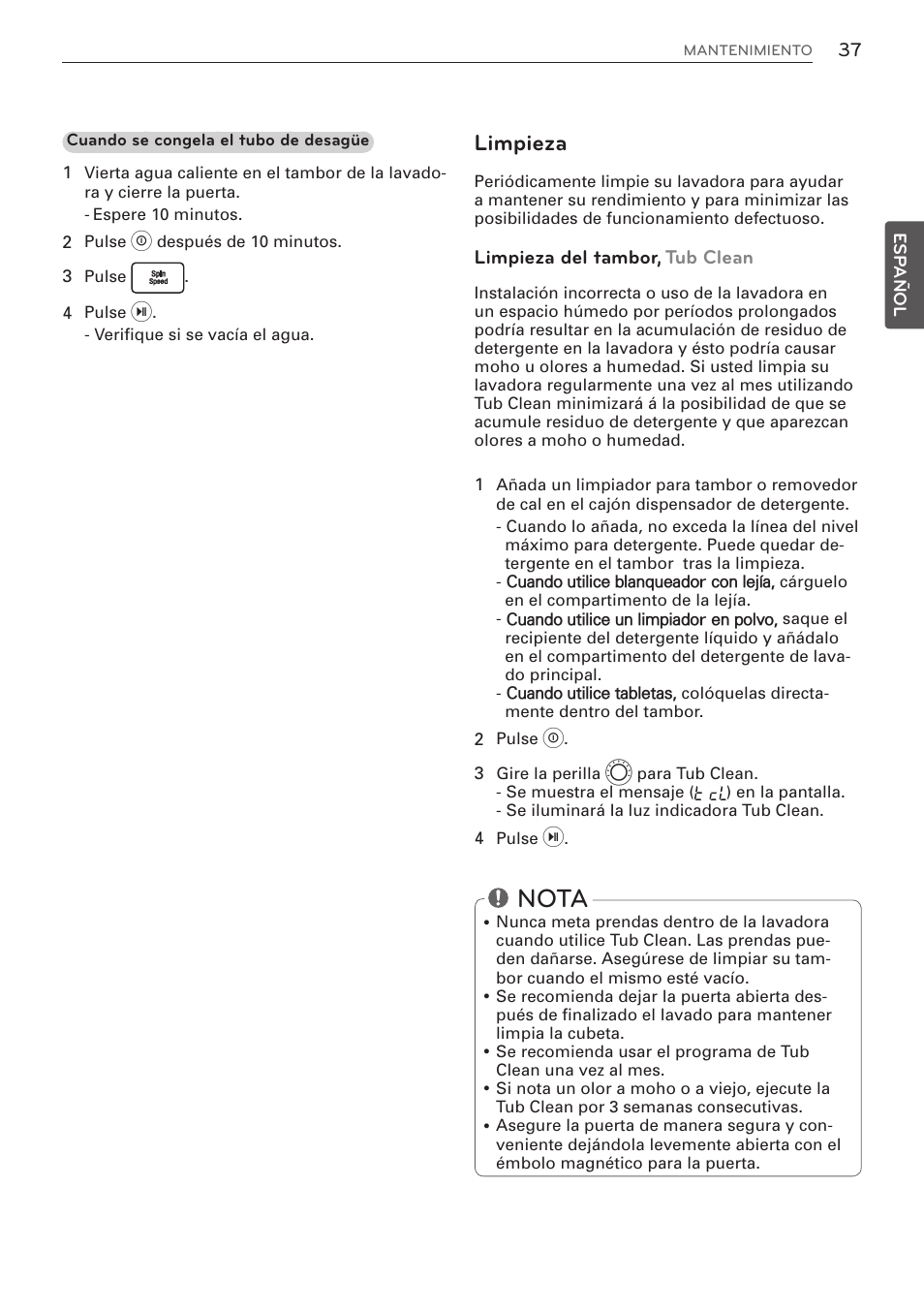 Nota, Limpieza | LG WM3570HWA User Manual | Page 85 / 96