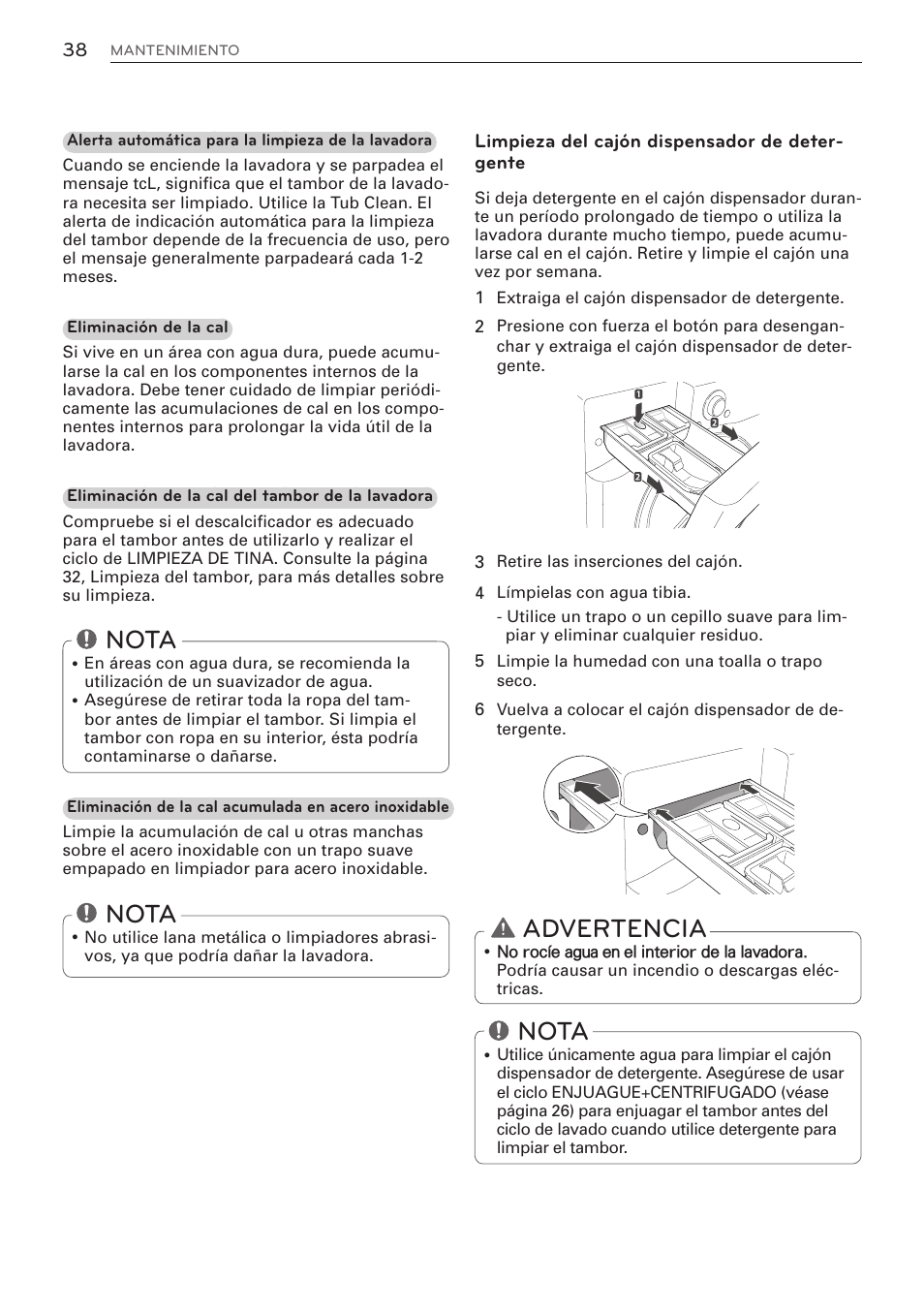 Nota, Advertencia | LG WM3570HWA User Manual | Page 86 / 96