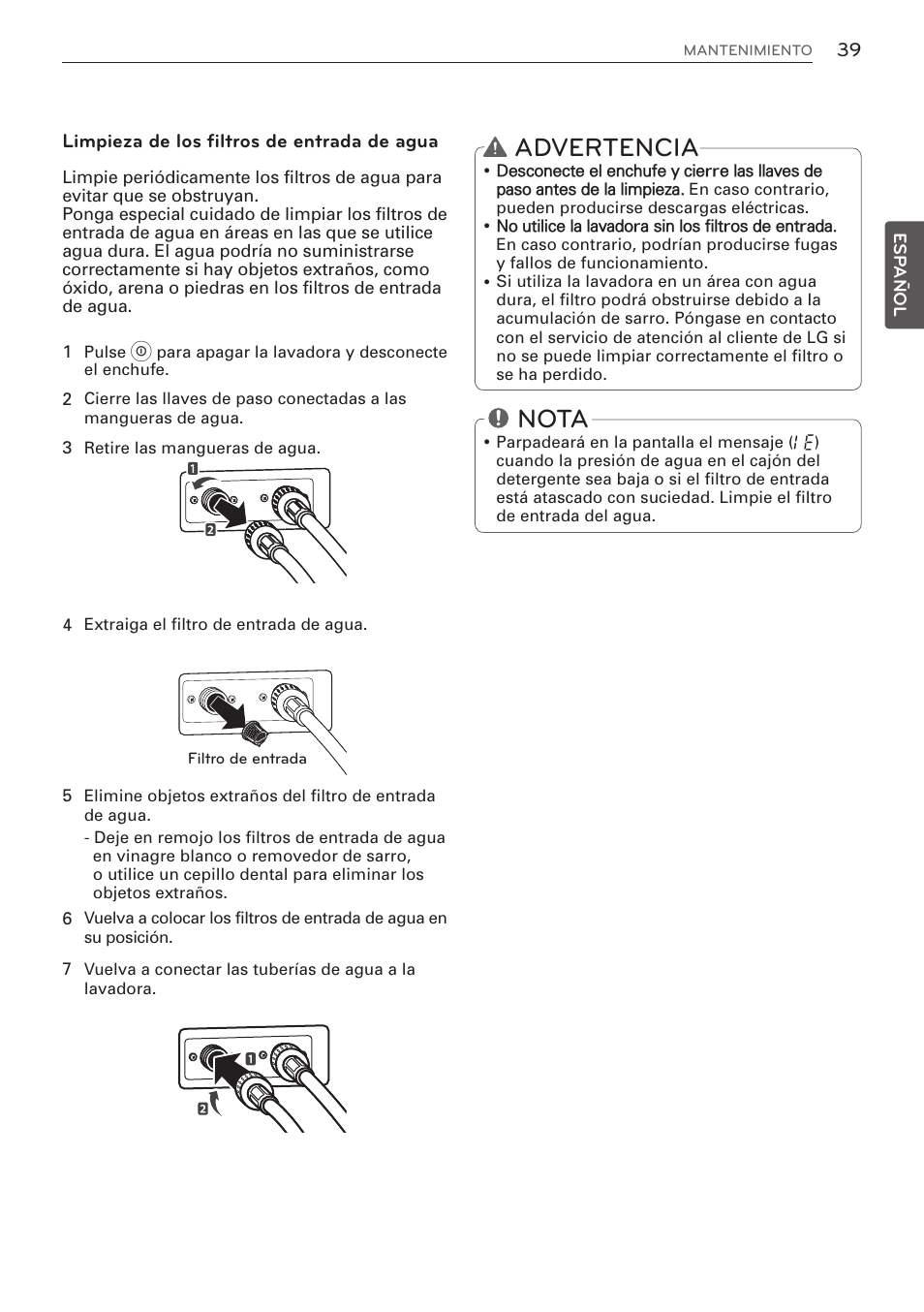 Advertencia, Nota | LG WM3570HWA User Manual | Page 87 / 96