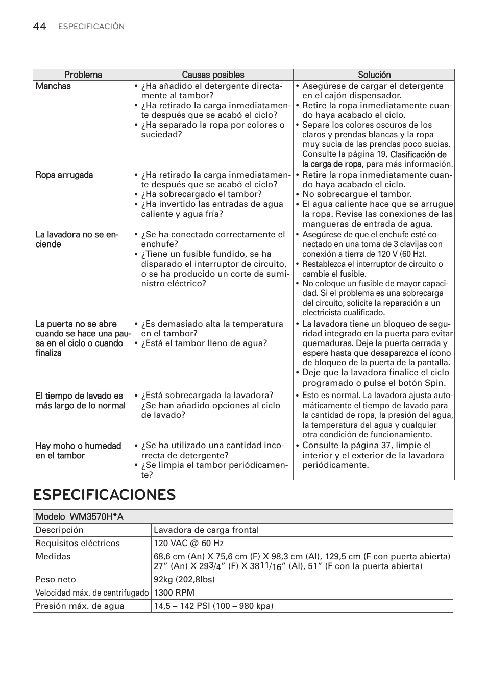 Especificaciones | LG WM3570HWA User Manual | Page 92 / 96