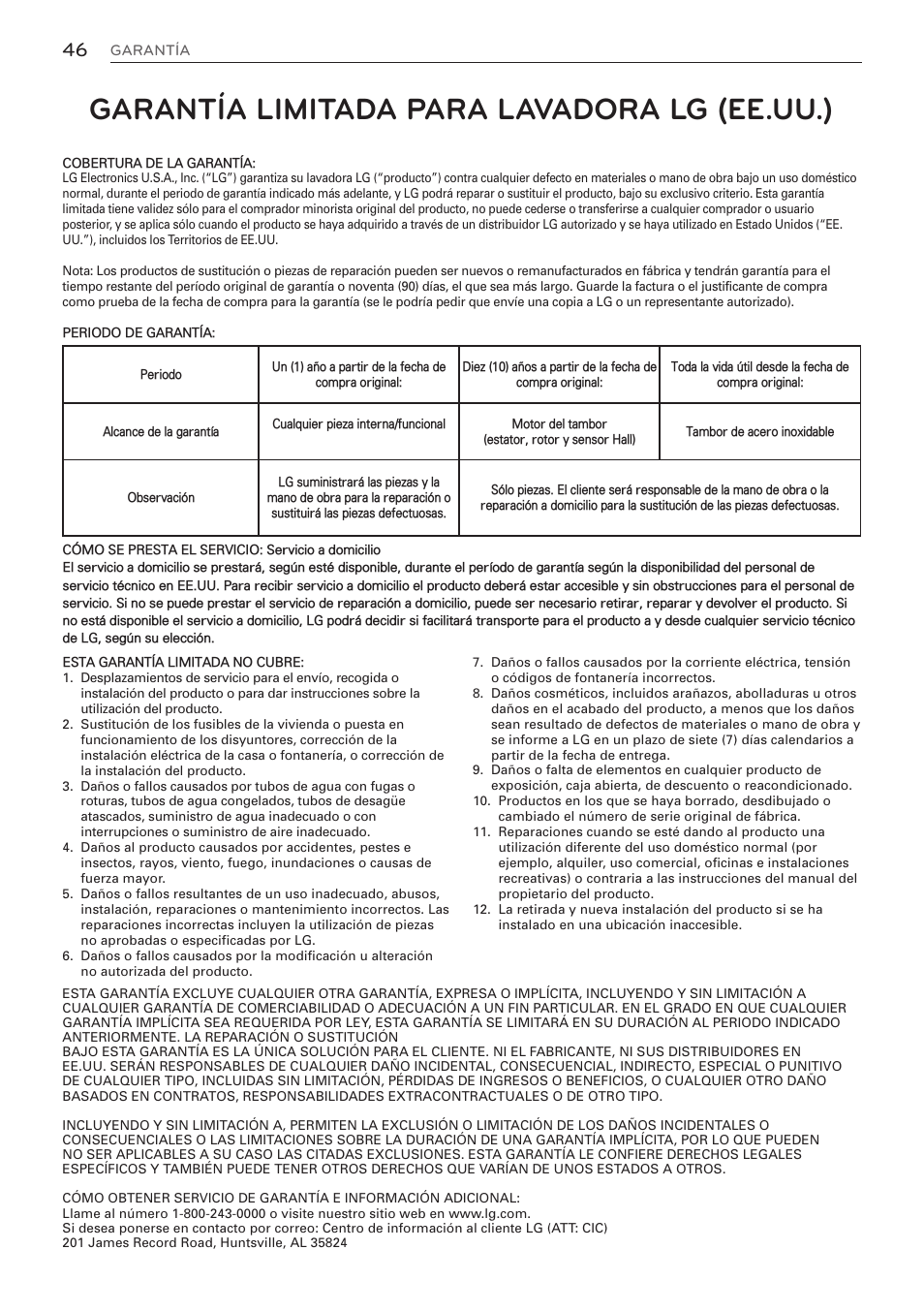 Garantía limitada para lavadora lg (ee.uu.) | LG WM3570HWA User Manual | Page 94 / 96