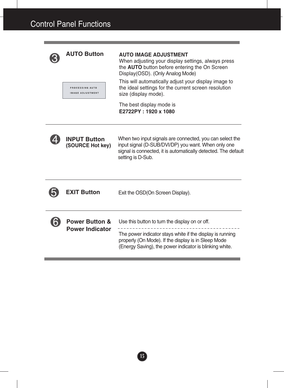 Control panel functions | LG E2722PY-BN User Manual | Page 16 / 32