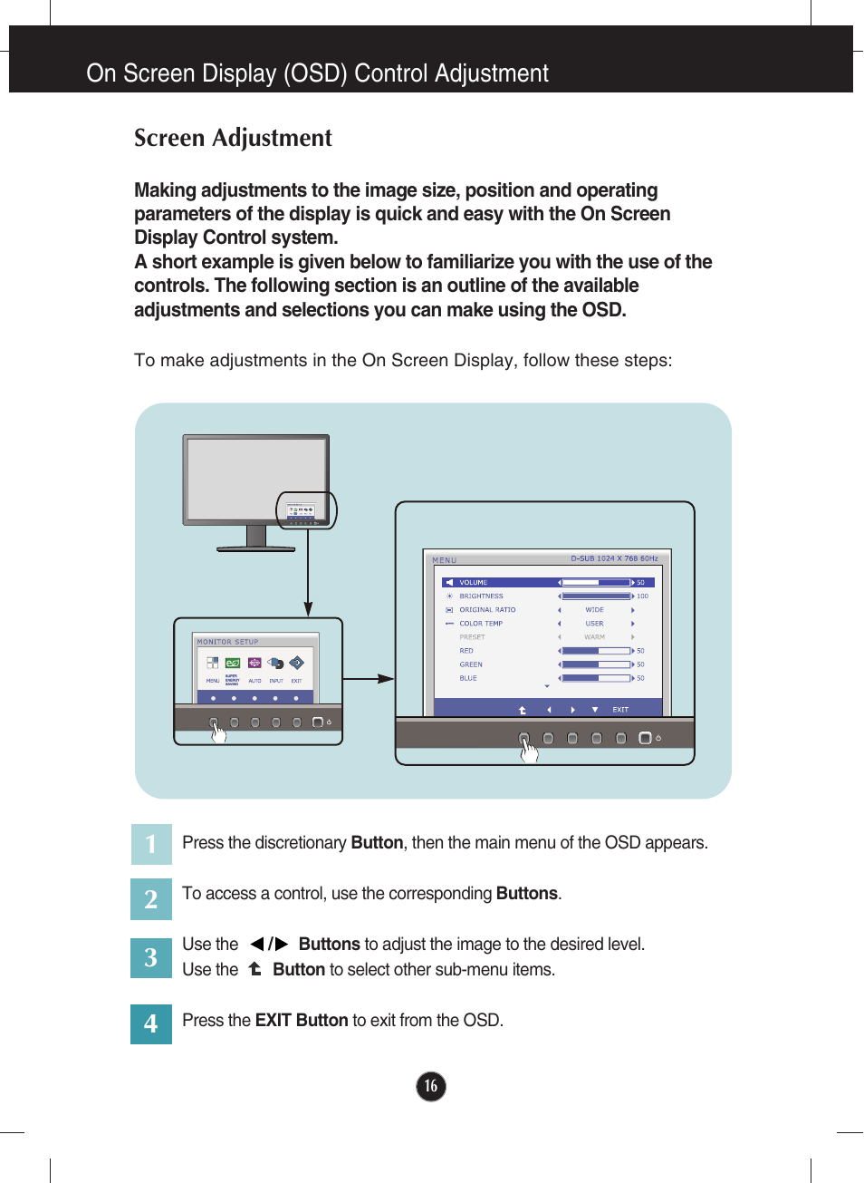 On screen display (osd) control adjustment, Screen adjustment | LG E2722PY-BN User Manual | Page 17 / 32