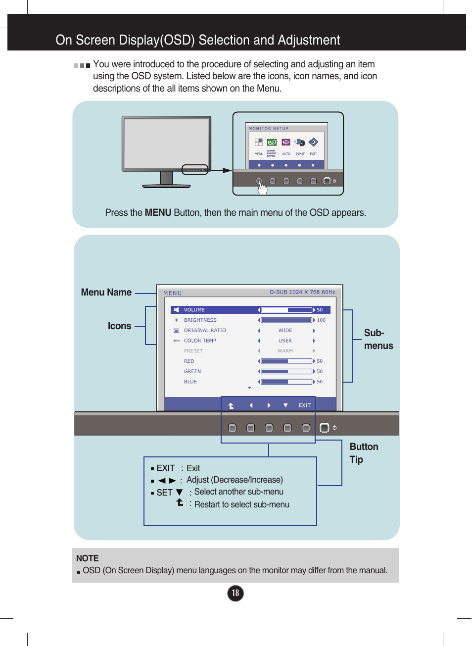 On screen display(osd) selection and adjustment | LG E2722PY-BN User Manual | Page 19 / 32