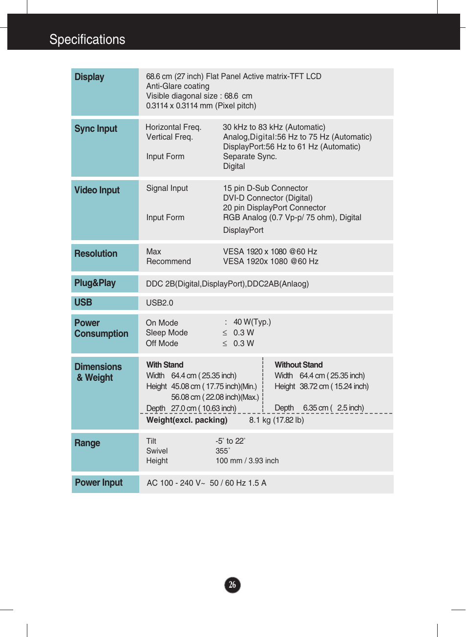 Specifications | LG E2722PY-BN User Manual | Page 27 / 32
