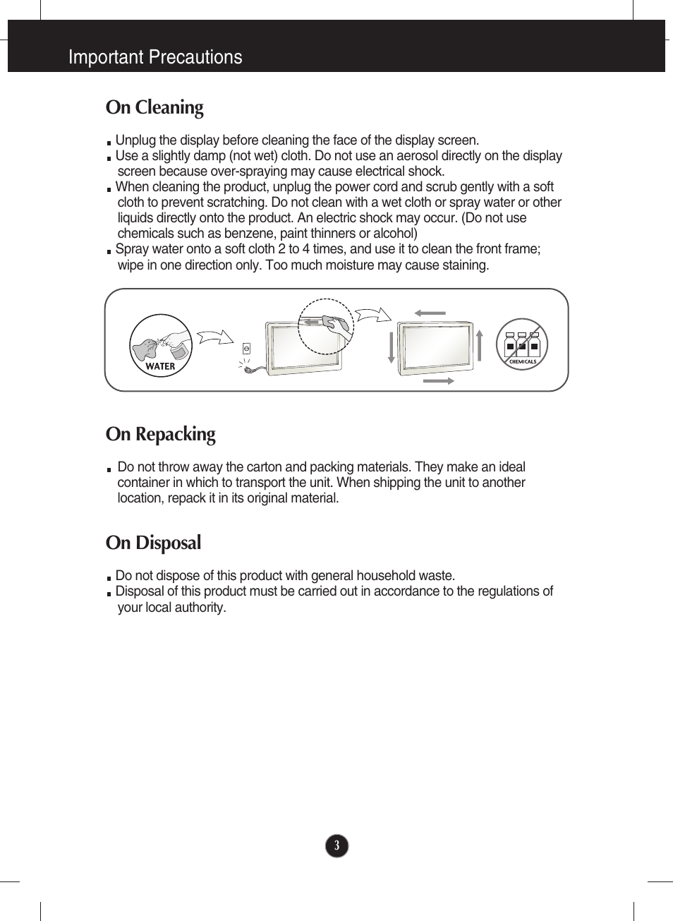 On cleaning, On repacking, On disposal | Important precautions | LG E2722PY-BN User Manual | Page 4 / 32