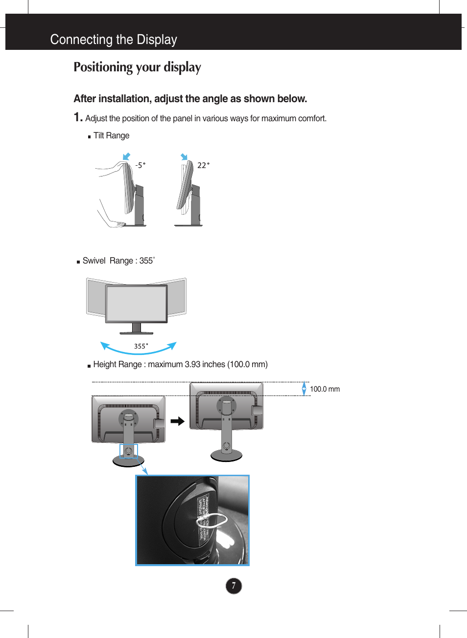 Positioning your display, Connecting the display | LG E2722PY-BN User Manual | Page 8 / 32