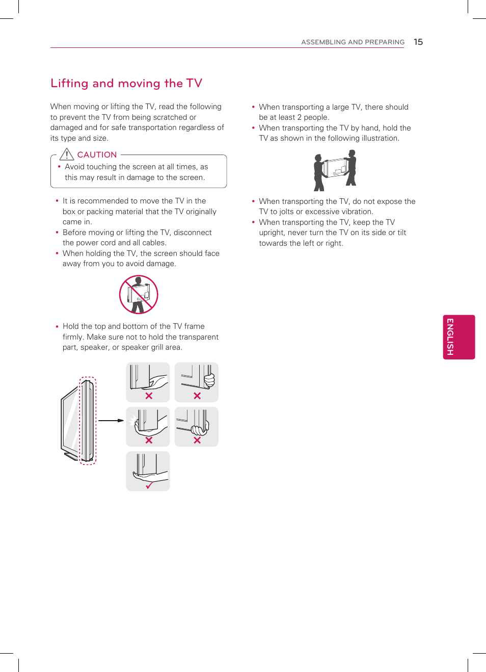 Lifting and moving the tv | LG 42LM3700 User Manual | Page 15 / 40