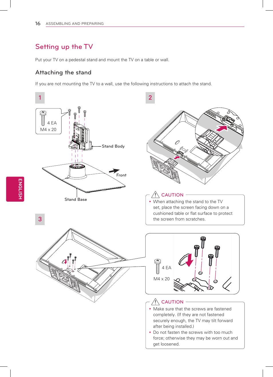 Setting up the tv, Attaching the stand | LG 42LM3700 User Manual | Page 16 / 40