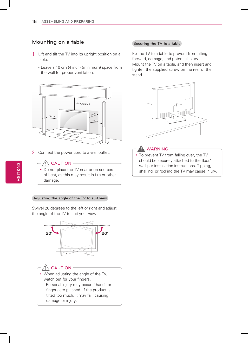 Mounting on a table | LG 42LM3700 User Manual | Page 18 / 40