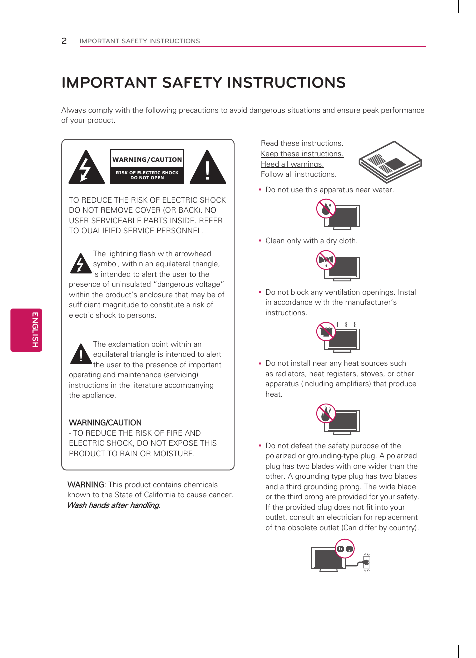 Important safety instructions, English 2, Wash hands after handling | LG 42LM3700 User Manual | Page 2 / 40