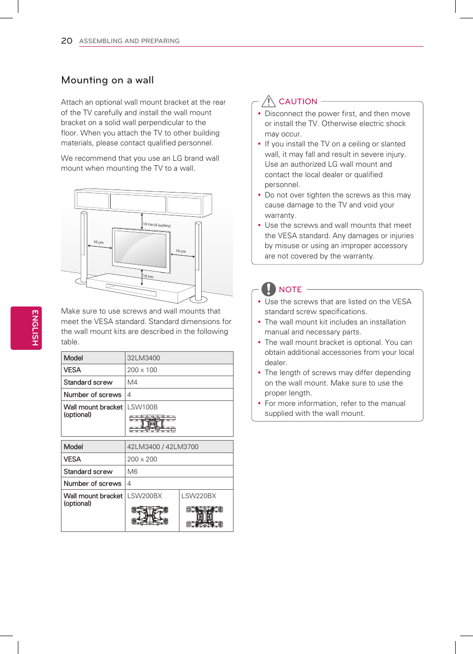 Mounting on a wall | LG 42LM3700 User Manual | Page 20 / 40