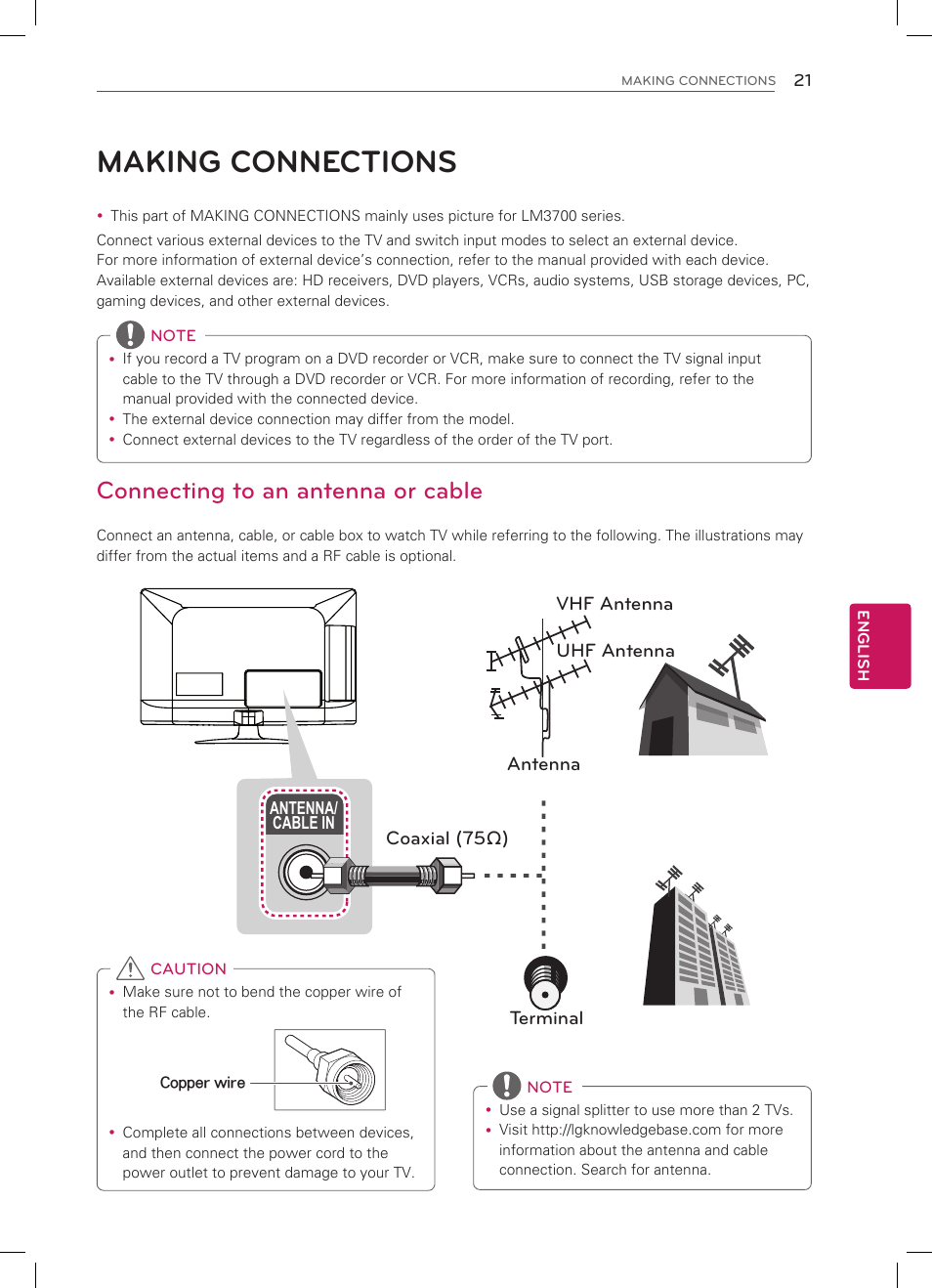 Making connections, Connecting to an antenna or cable | LG 42LM3700 User Manual | Page 21 / 40