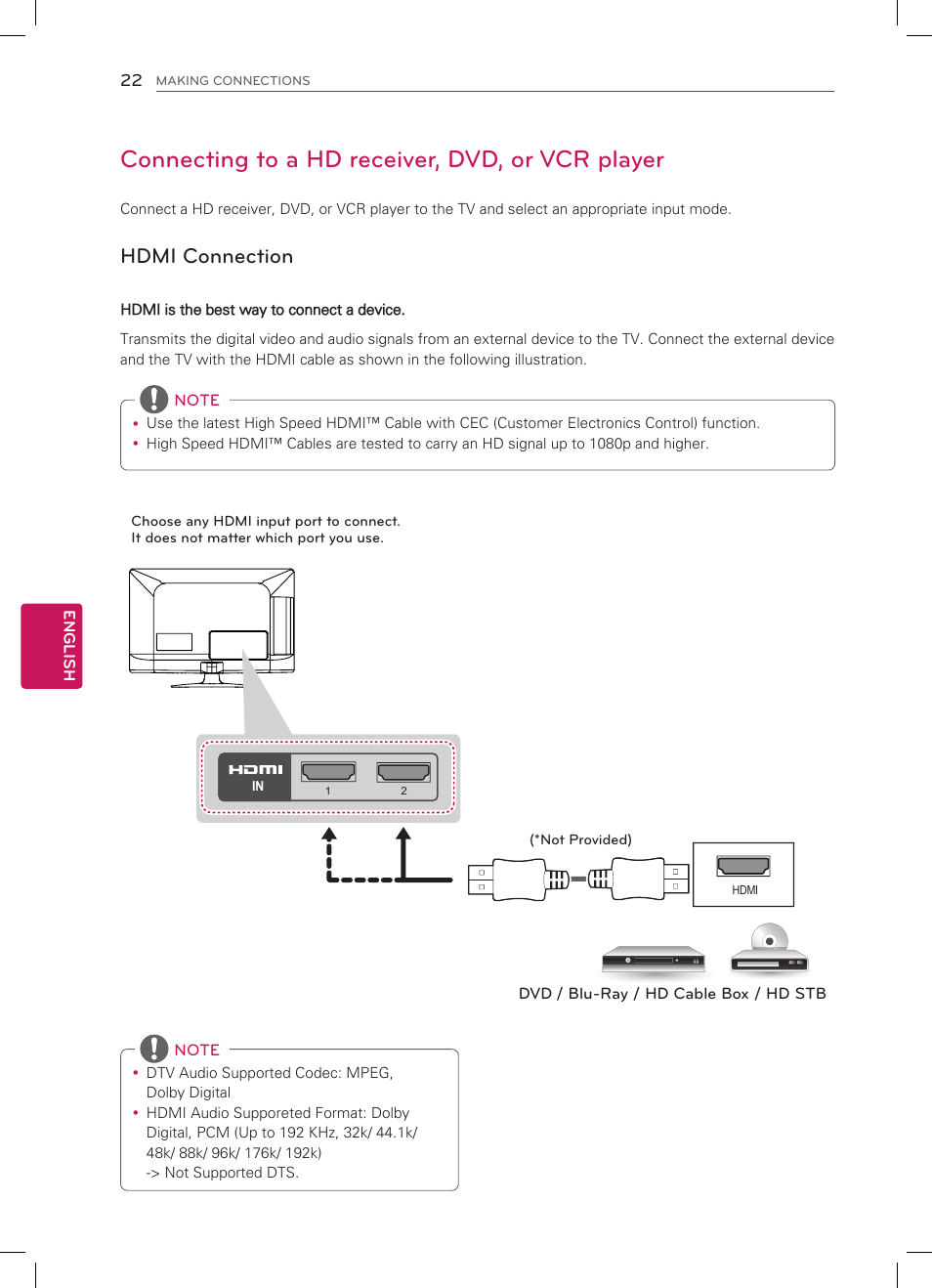 Connecting to a hd receiver, dvd, or vcr player, Hdmi connection | LG 42LM3700 User Manual | Page 22 / 40