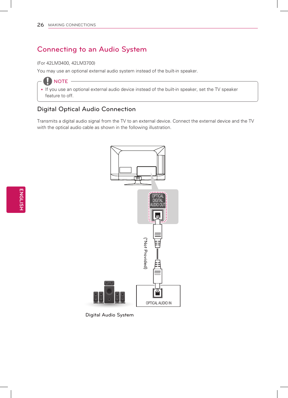 Connecting to an audio system, Digital optical audio connection | LG 42LM3700 User Manual | Page 26 / 40