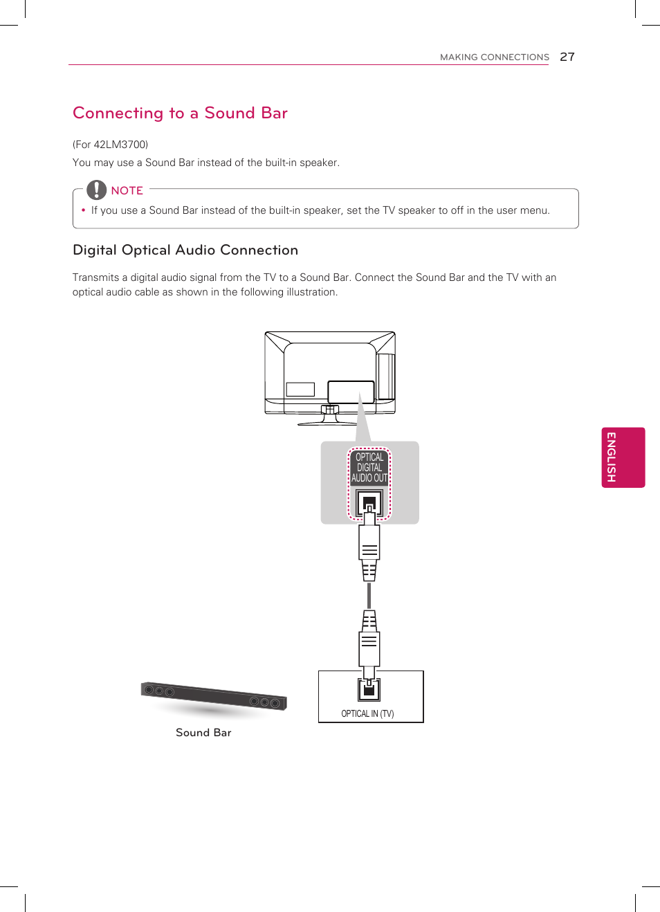 Connecting to a sound bar, Digital optical audio connection | LG 42LM3700 User Manual | Page 27 / 40