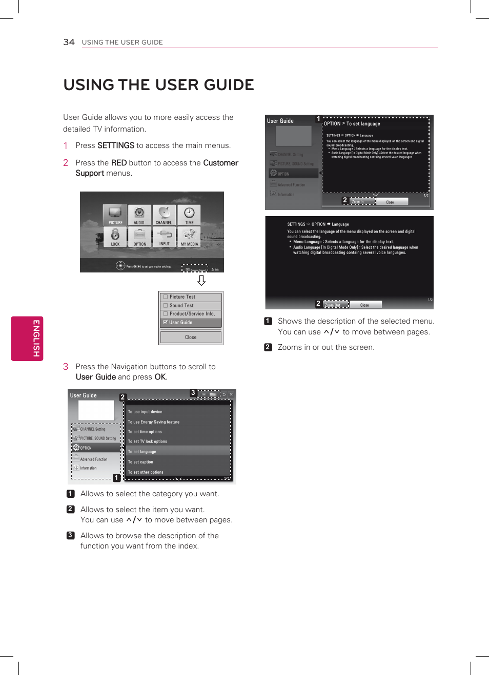 Using the user guide, English 34, Press settings to access the main menus | Allows to select the category you want, Zooms in or out the screen | LG 42LM3700 User Manual | Page 34 / 40