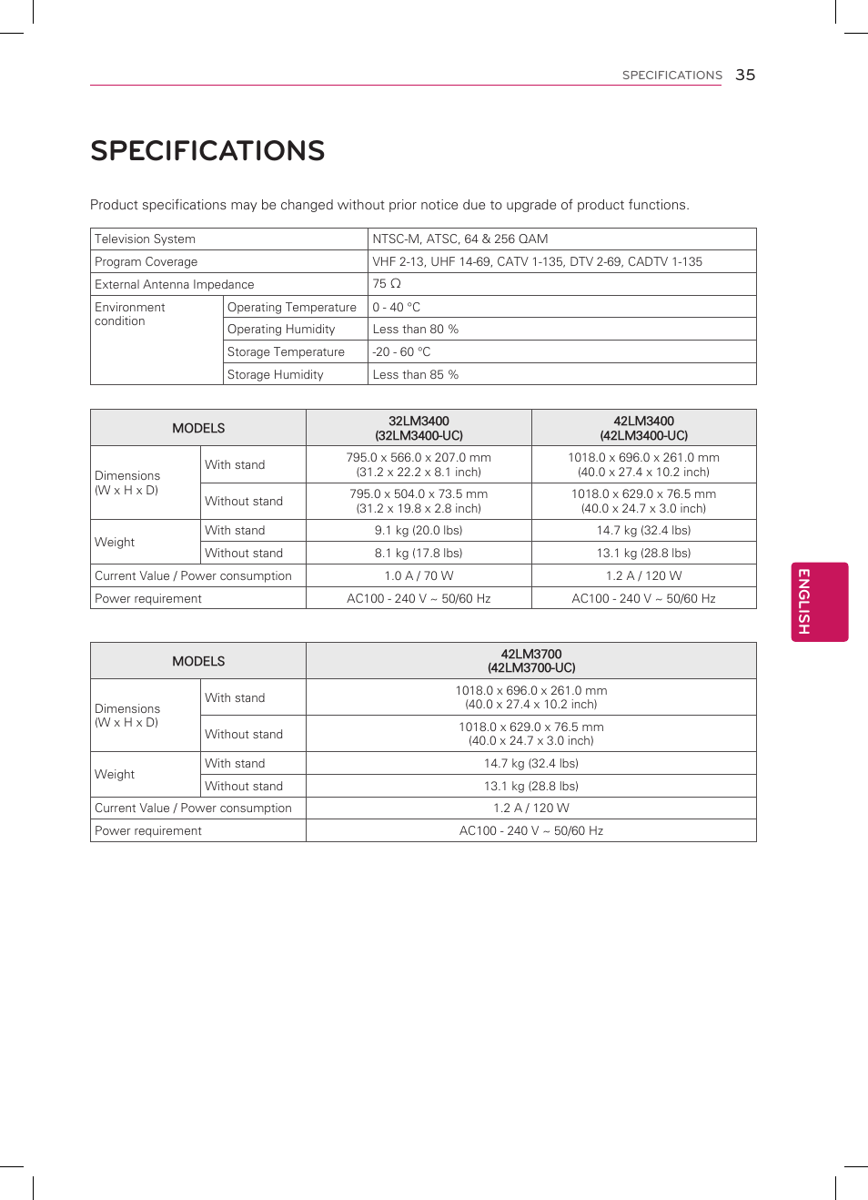 Specifications, English 35 | LG 42LM3700 User Manual | Page 35 / 40