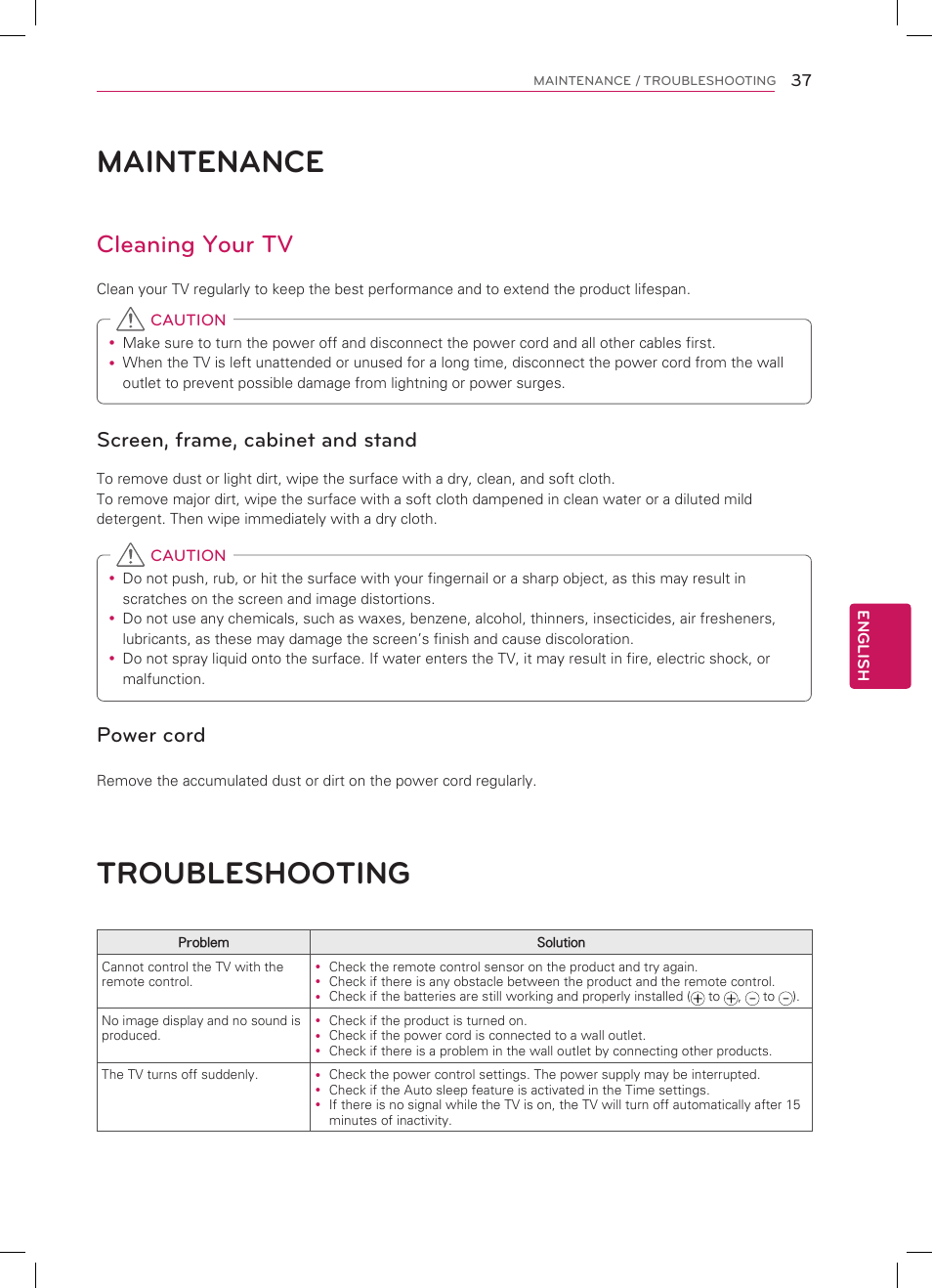 Maintenance, Troubleshooting, Cleaning your tv | Screen, frame, cabinet and stand, Power cord | LG 42LM3700 User Manual | Page 37 / 40