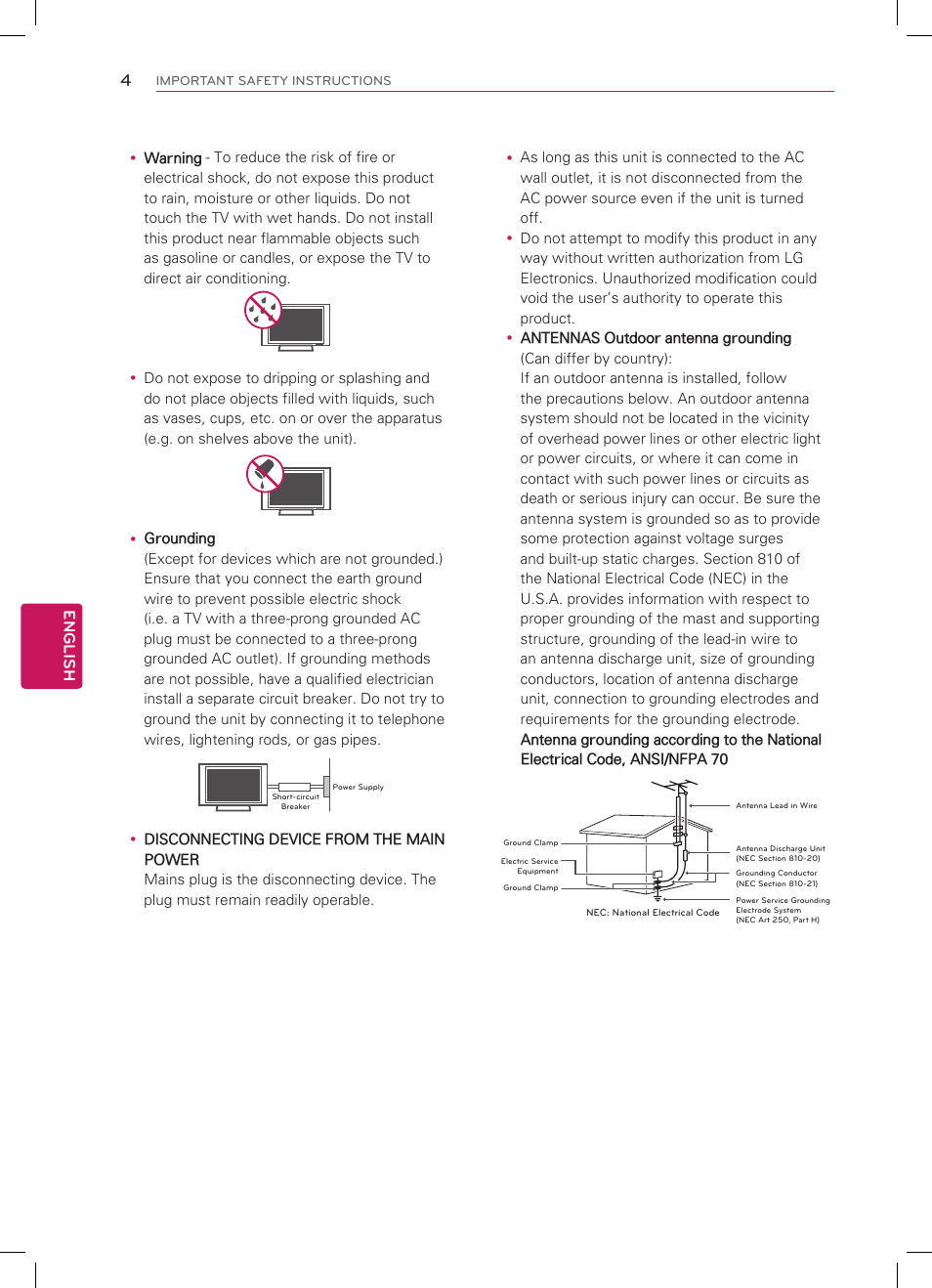 Short-circuit breaker power supply, English 4 | LG 42LM3700 User Manual | Page 4 / 40