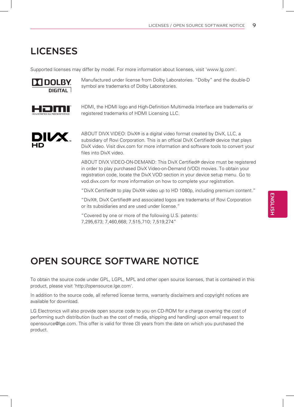 Licenses, Open source software notice | LG 42LM3700 User Manual | Page 9 / 40